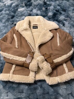Express Faux Suede Shearling Jacket in Tan and Cream